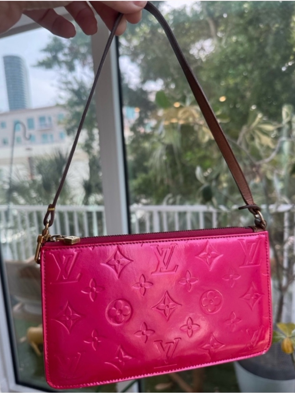 Louis Vuitton Hot Pink Vernis Monogram Wristlet with Brown Strap